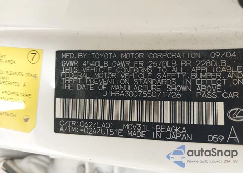 2005 Lexus Es 330 z USA, uszkodzony, nr VIN JTHBA30G755071726